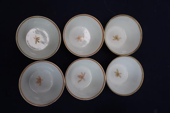 A set of six Chinese rouge de fer chicken tea bowls and five saucers, 18th / 19th century, saucers 11.5cm, minor damage